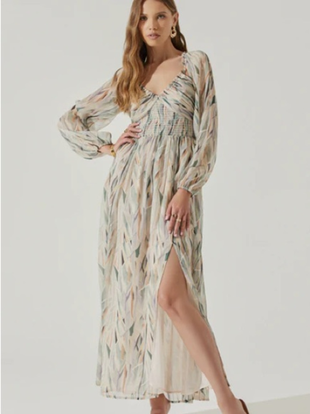 NWT Jessamy Tie Neck Open Back Long ASTR the Label Sheer Leaf-Print Maxi Dress
